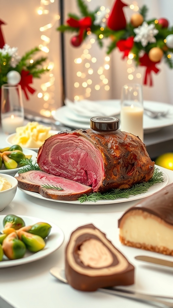 An elegant Christmas dinner table with prime rib, mashed potatoes, Brussels sprouts, yule log, and cheesecake.